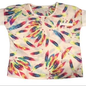 JAPANESE made shirt, light pink with colorful feather pattern short sleeves sz L